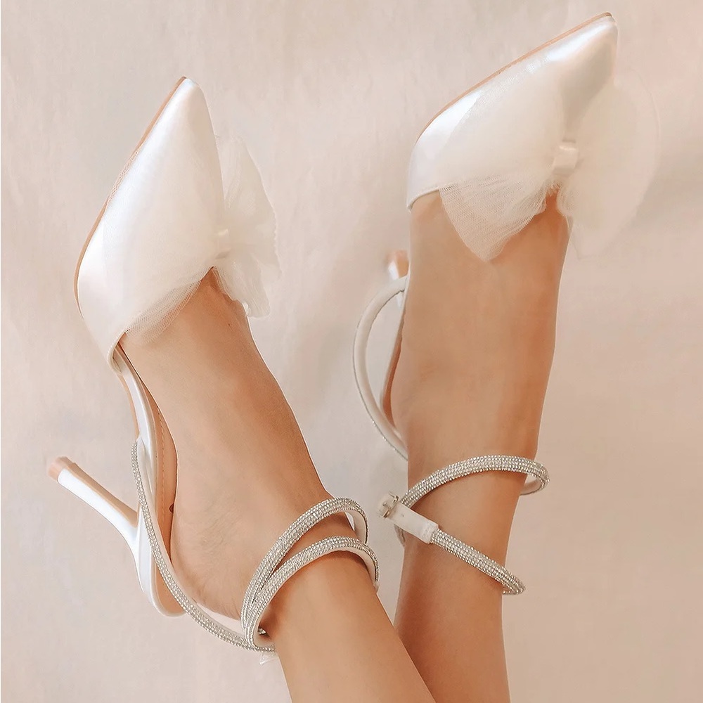 Lulu’s Lelanee White Satin Rhinestone Bow Ankle Strap Pumps